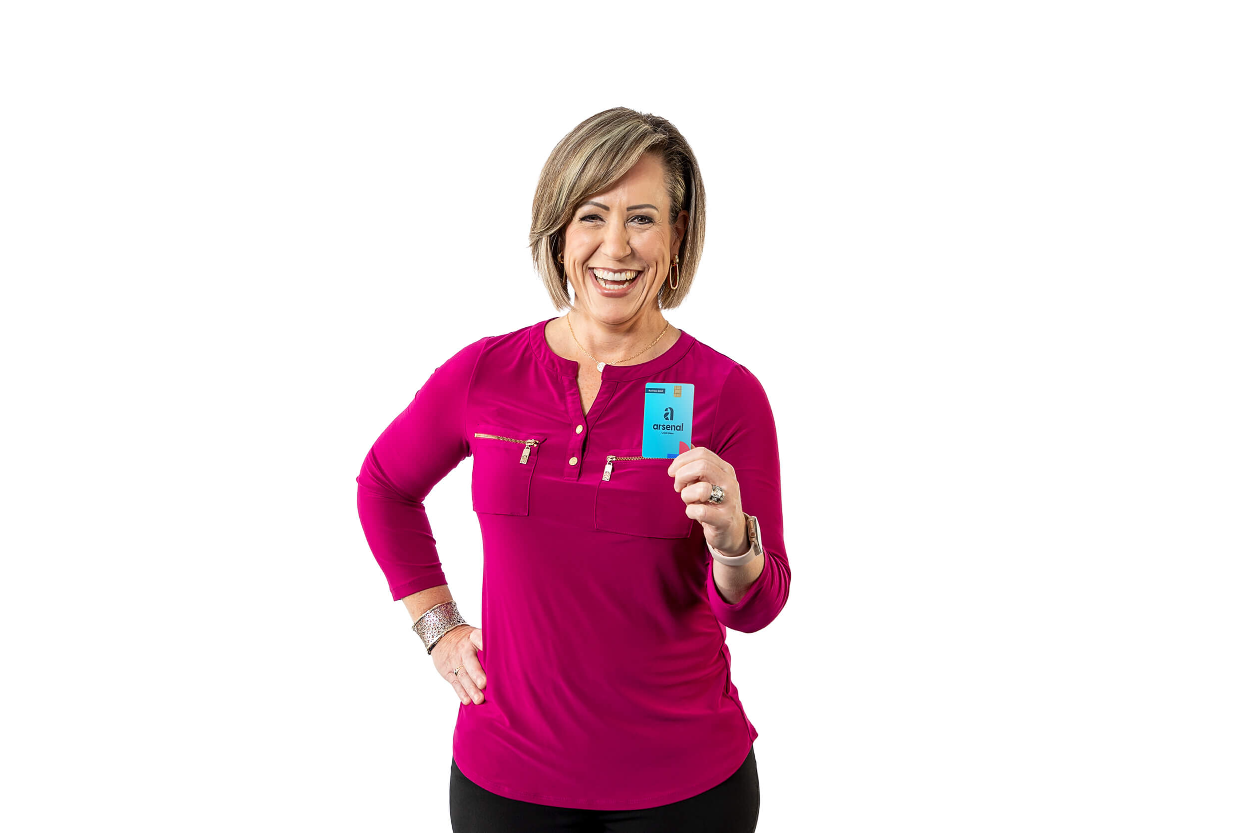 woman holding credit card on white background