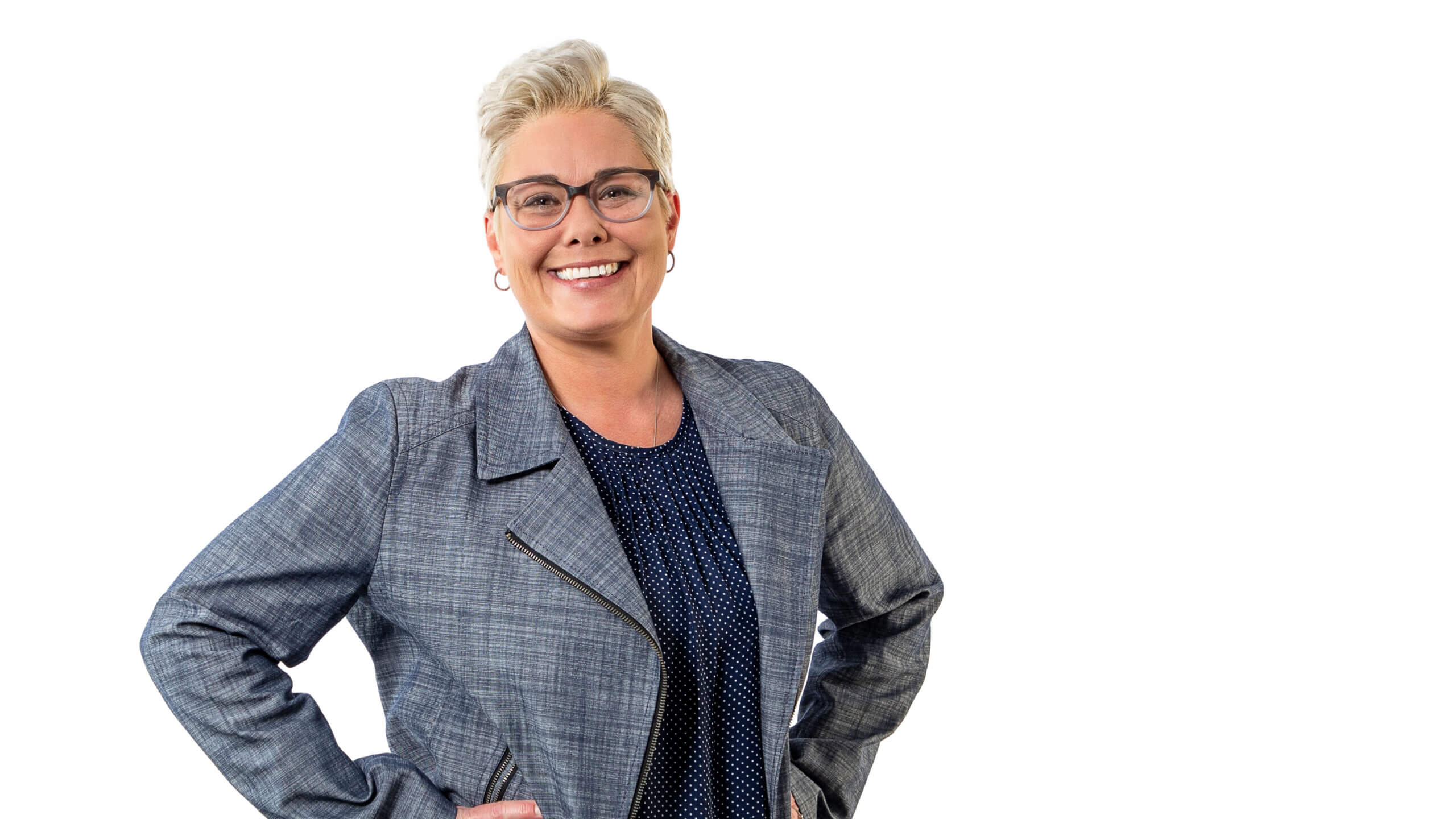 woman wearing glasses on white background