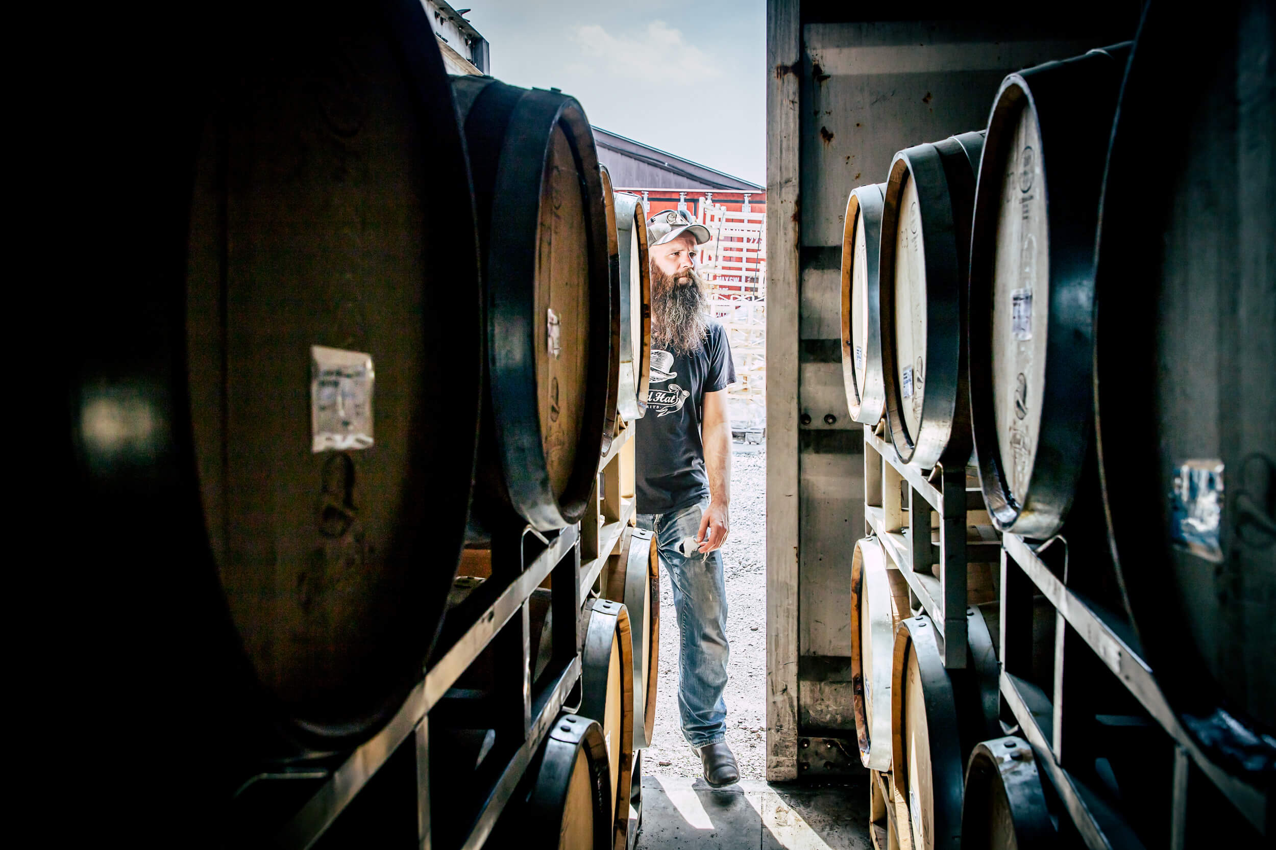man looking at whiskey barrels
